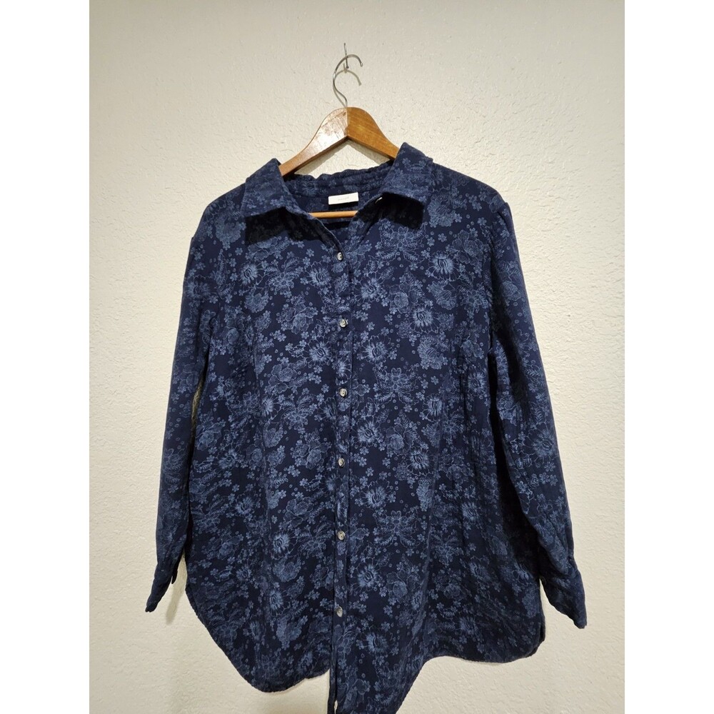 purejill Navy Floral Tunic Top Button Up Front Collared Size Medium